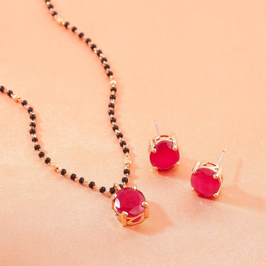 Estele Rose Gold Plated Cz Spherical Maangalsutra Necklace Set With Ruby Stones For Women