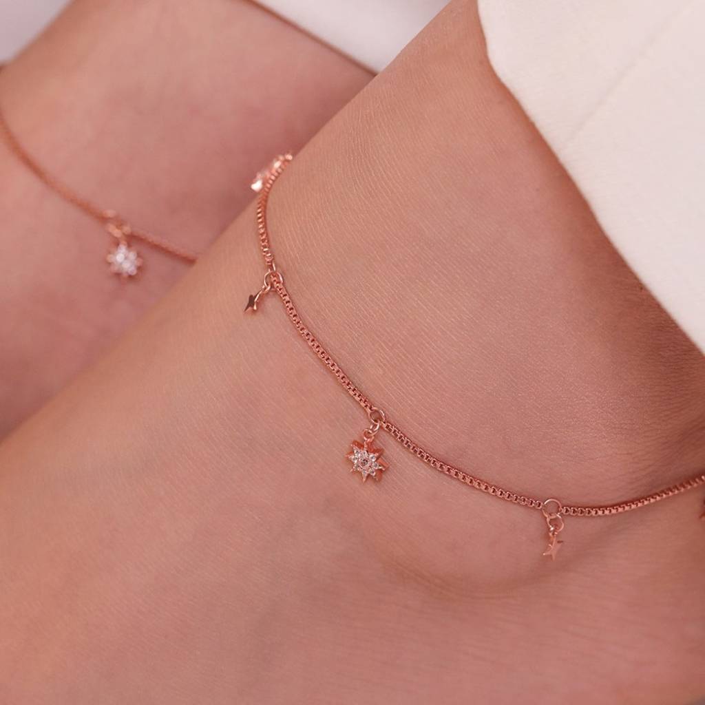 Enchanting Star 925 Silver Anklets In Rose Gold : ANK-60033-PAIR