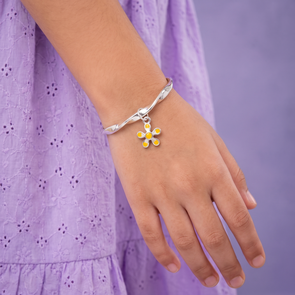 Sunshine Bloom 925 Silver Kid Bangle : KB-CC-RH-R-372-S