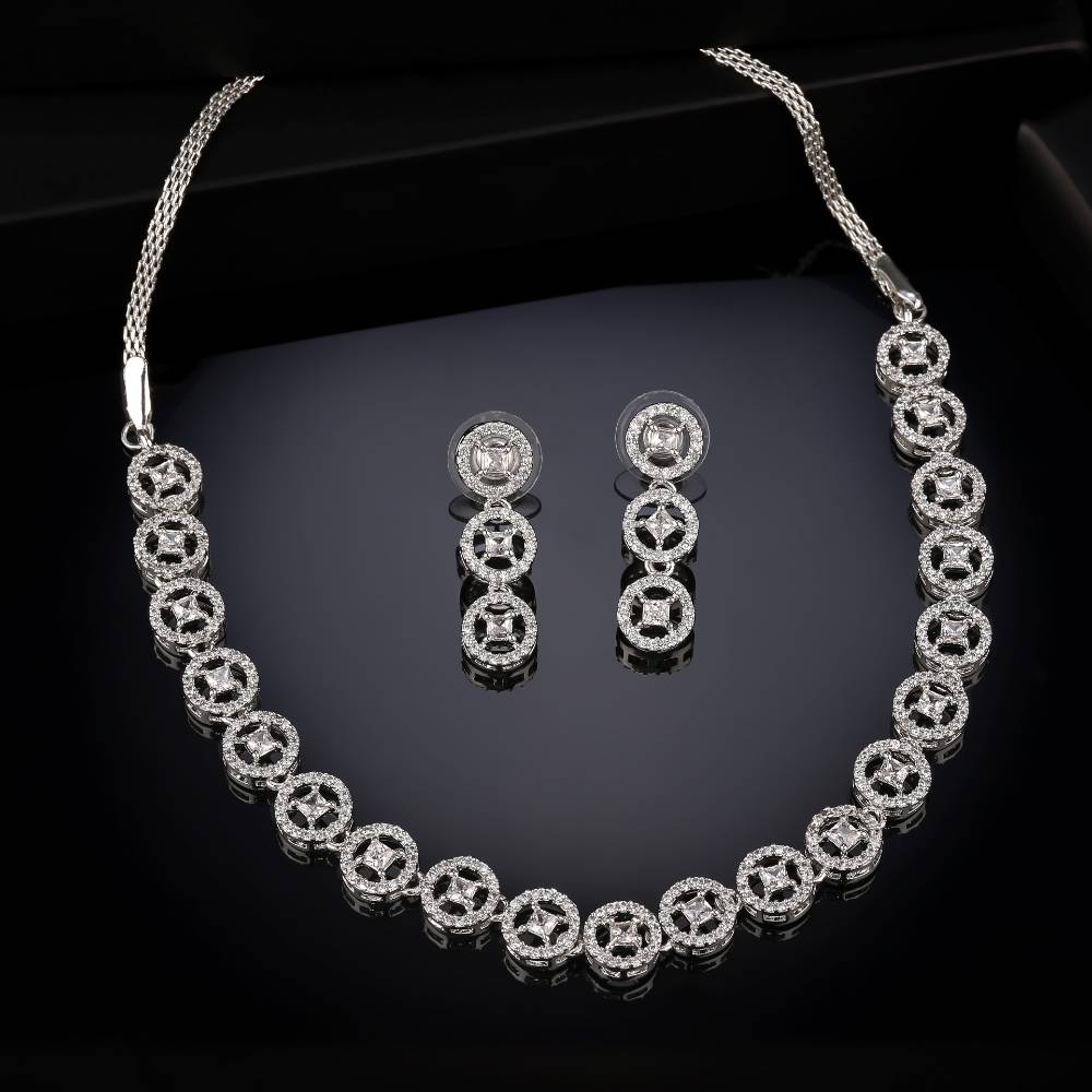 Estele Rhodium Plated Cz Rotating Glitter Necklace Set For Women