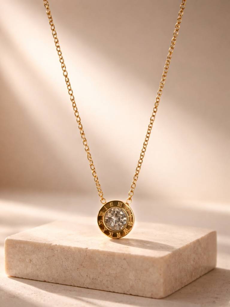Roman Studded Gold Chain Necklace | 18K Gold Plated Ad Pendant : ATC740RSC