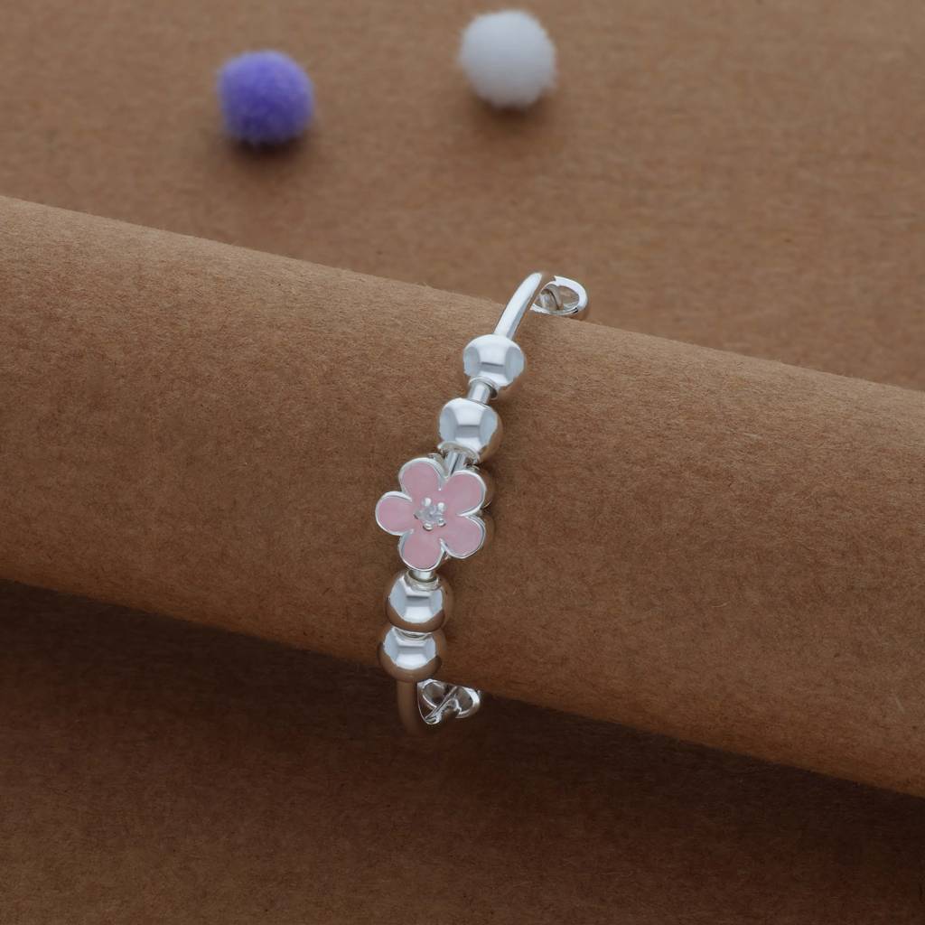 Iyal Pink Daisies Kid Silver Bangles (0–3 Yrs) | 999 Hallmark | Adjustable Daily Wear Baby Kada | Lightweight : KB-CC-RH-A-162-P