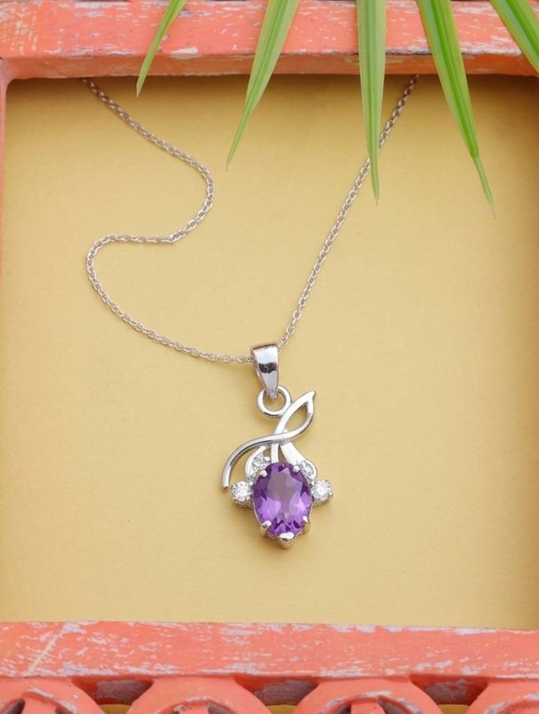 925 Sterling Silver Amethyst Pendant With 18 Inch Chain Handmade Gemstone Necklace For Women Elegant : FU-1042