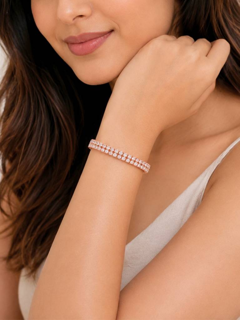 18K Rose Gold Plated Double Row Cz Tennis Bracelet : AKBR021