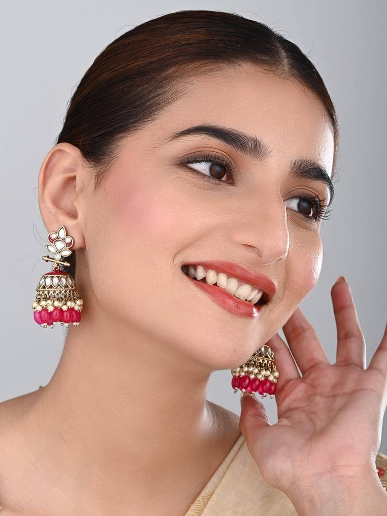 Gold Plated Kundan & Meenakari Jhumka Earrings : S24FAER411PNK