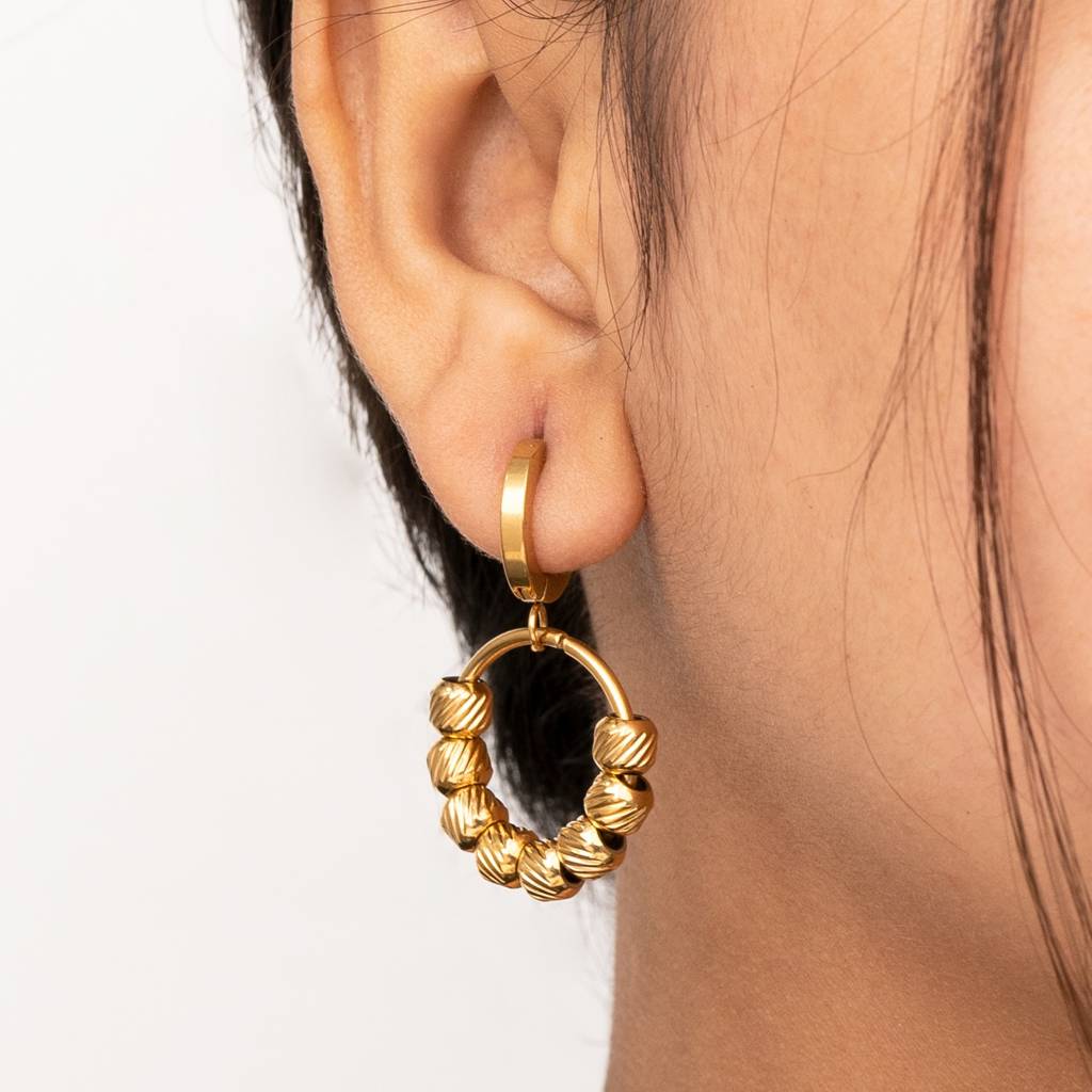 Textured Bead Hoop Anti-Tarnish Earrings For Women : HSPS60MB1032