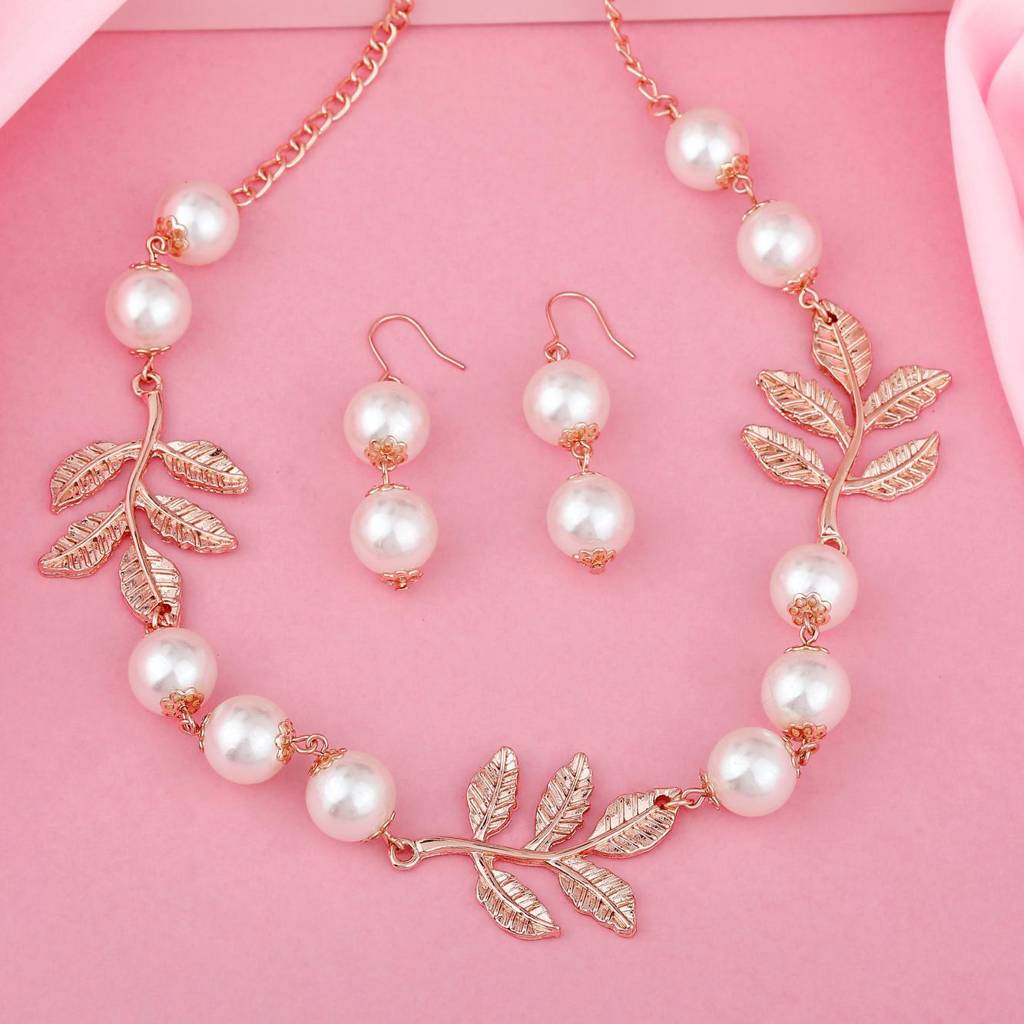 Estele Rose Gold Plated Leaf Designer Necklace Set With Pearls For Women
