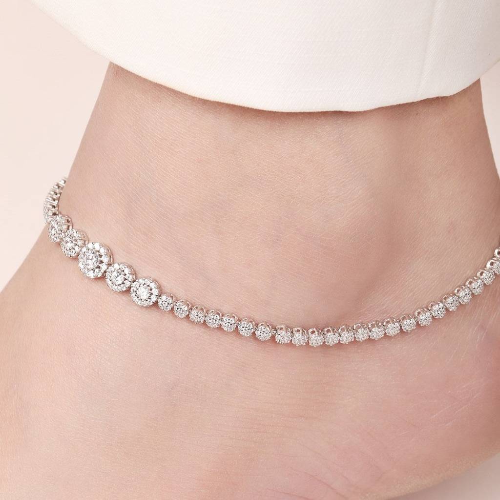 Glimmering Fusion Floral Cz Rhodium Plated 925 Sterling Silver Anklet : ANK-60268-PAIR-R
