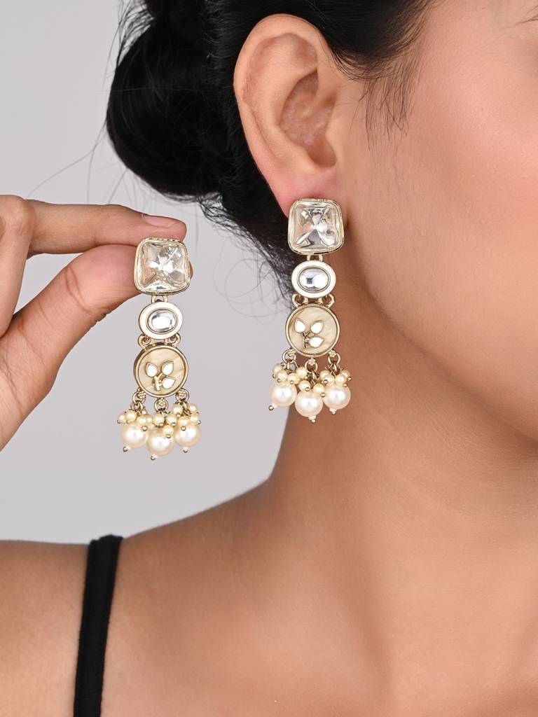Meenakari & Kundan Drop Earring Gold & White : S24FAER372GLD