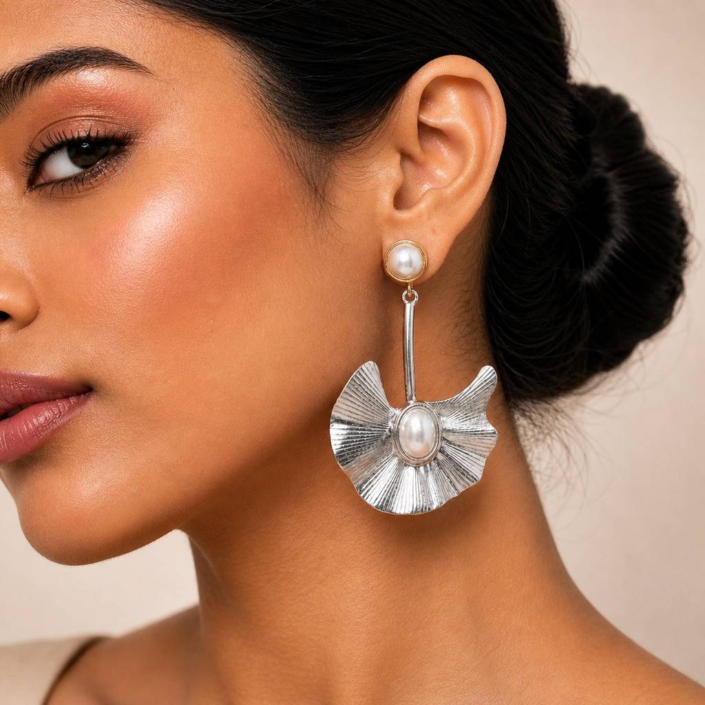 Silver Fan Petal Earrings With Pearl & Opal Drop : RRAPR26AID-28