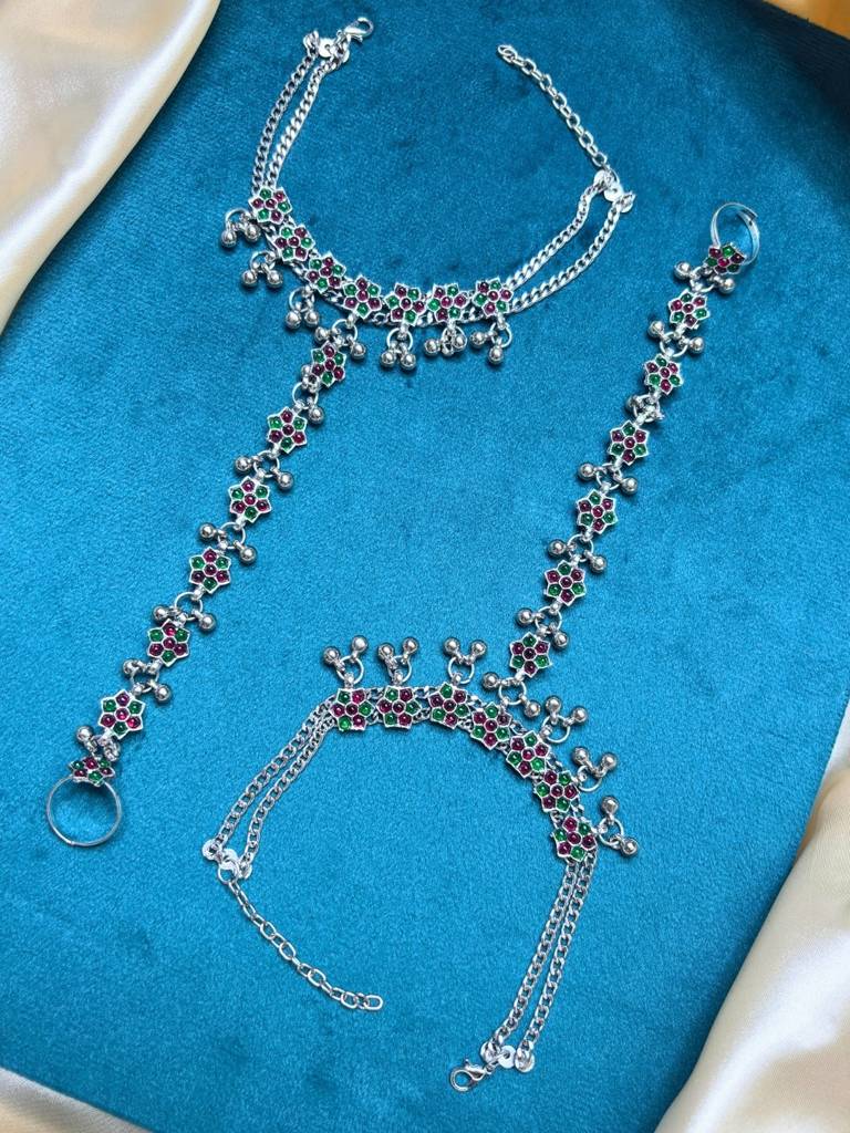 Women Silver-Plated Multi-Colour Kundan Stone-Studded Floral Anklet With Toe Ring : VI26ANK10003