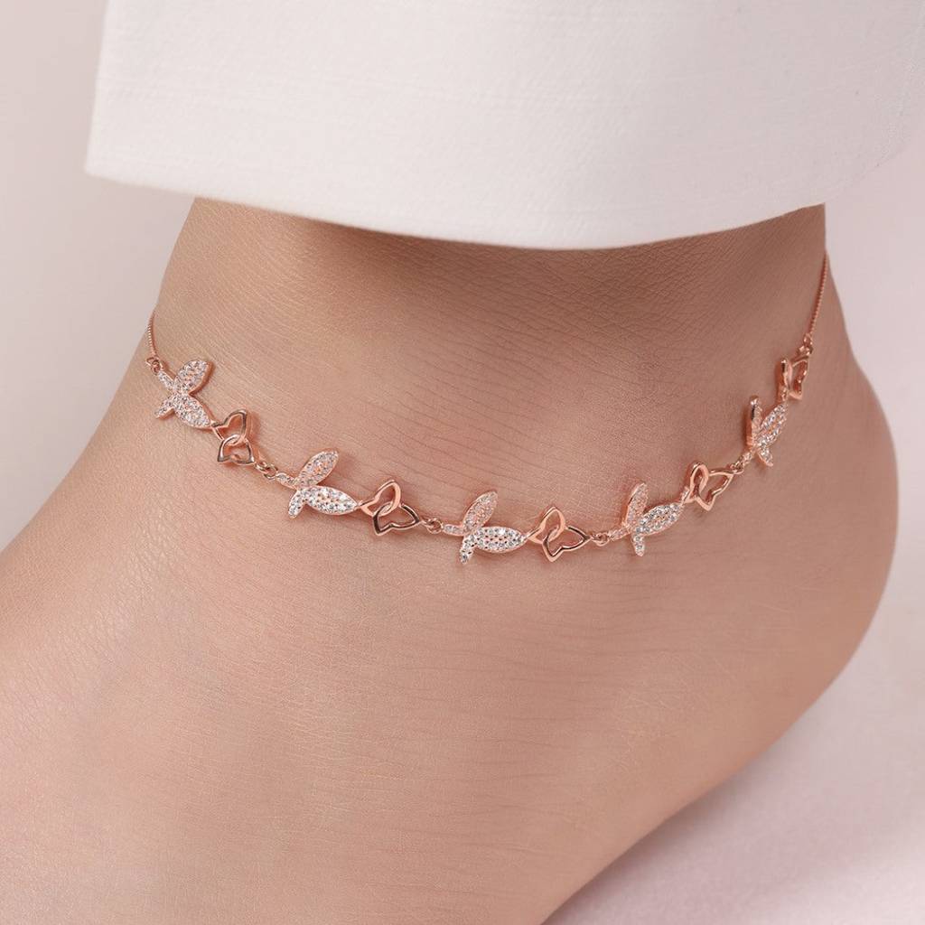 Butterfly Rose Gold Plated Embraced 925 Sterling Silver Anklet : ANK-60375-PAIR-RG