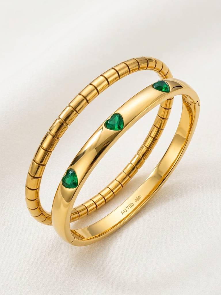 Coil Bangle & Green Heart Cuff Bracelet Combo, 18K Gold-Plated : CBR014CBG
