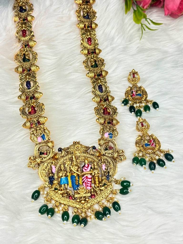 Gold-Plated Traditional Srinivasa Kalyana Bridal Long Haram With Earring Temple Jewellery Set : VI26JSTJ100008