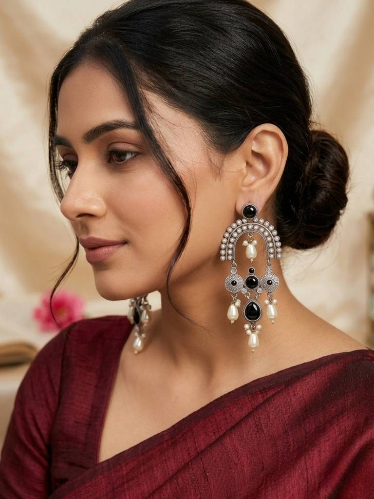 Silver Plated Oxidised Stone & Pearl Embellished Statement Chandbali Earrings : VI26EROX100337