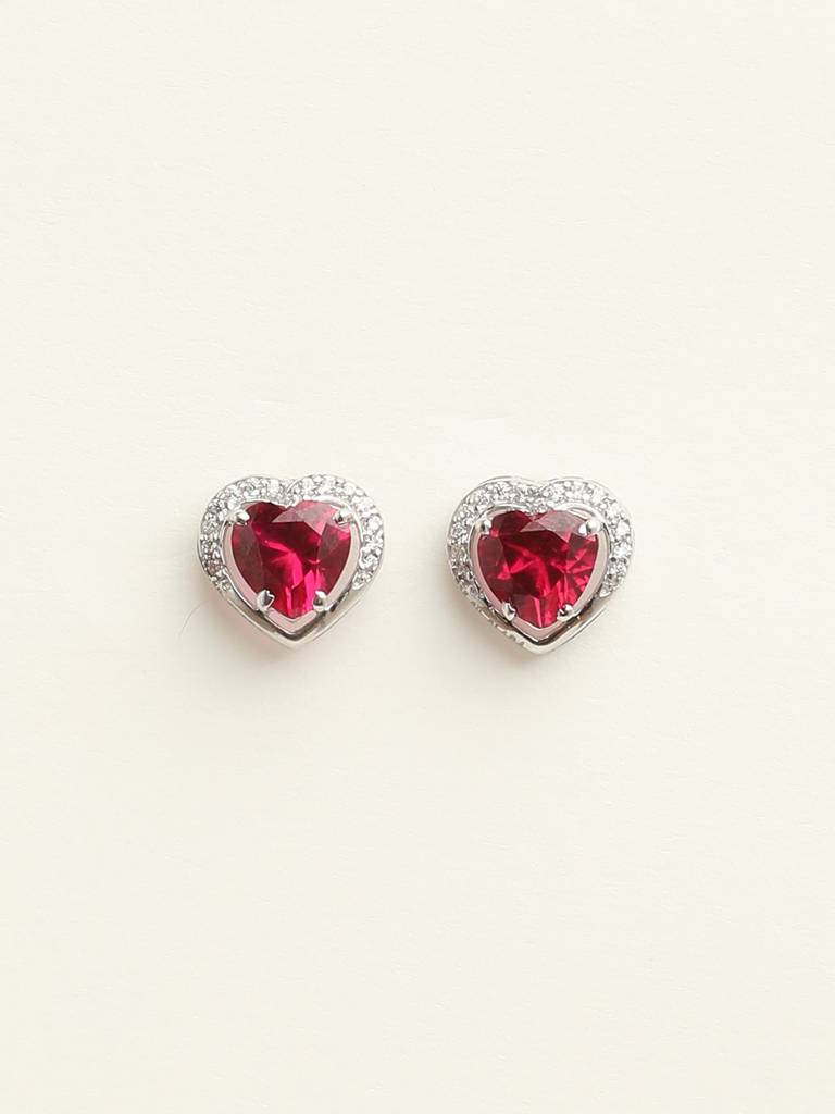 92.5 Sterling Silver Rhodium Plated Swiss Zirconia Blood Red Heart Stud Earrings With Screw Back Gift For Women : CSCLRE1HT_RU