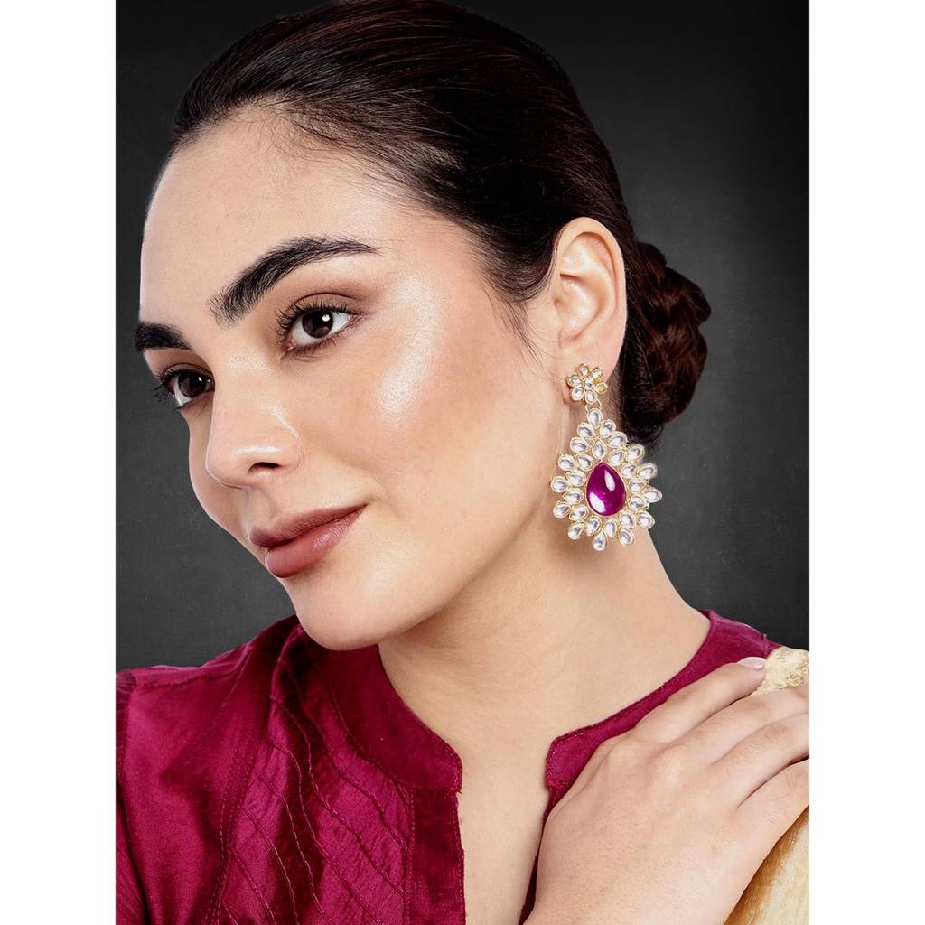 Peora Gold Plated Kundan Studded Drop & Dangle Earrings Ethnic Jewellery For Girls & Women (Rani Pink) : PF24E1745RP