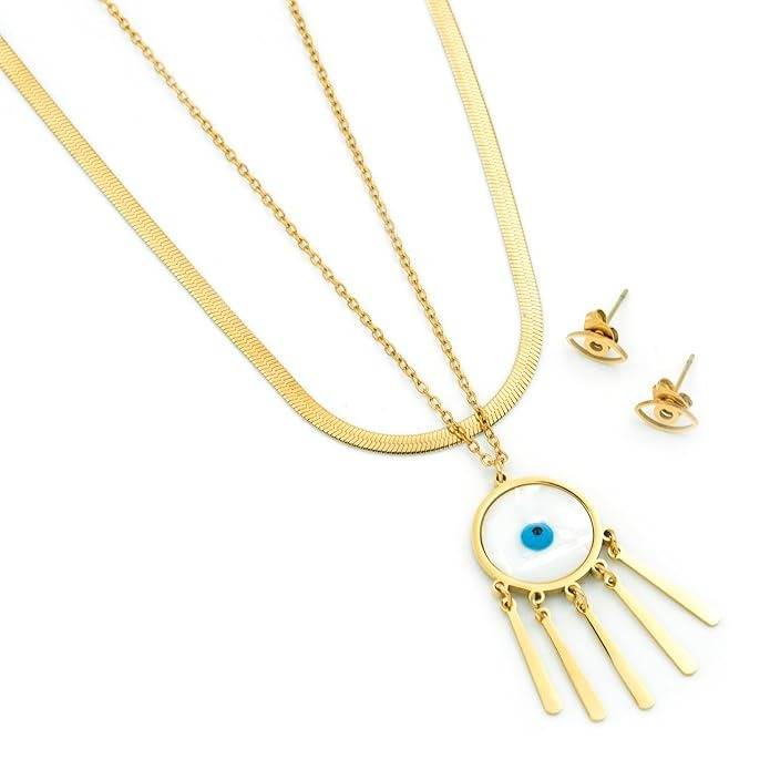 Evil Eye Anti Tarnish Charm Necklace & Earring Set For Women : HSPS60MB0656