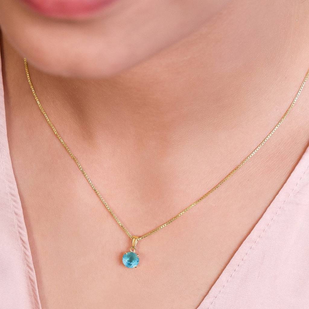 Blue Solitaire Gold Plated Box Chain Pendant With Chain : PEN-30033-C