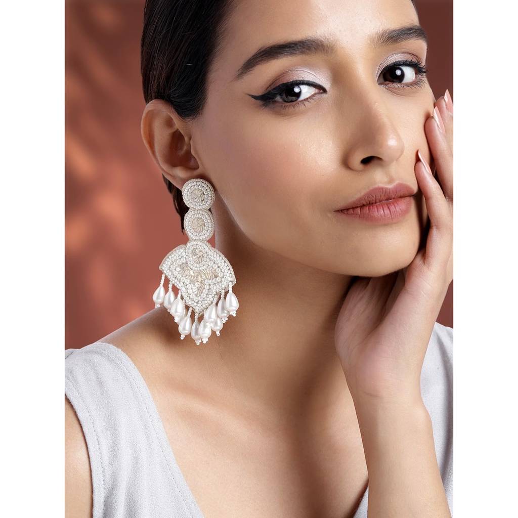 Peora White Pearl Drop & Dangle Handmade Lightweight Statement Earring For Women & Girls : PF24E24W