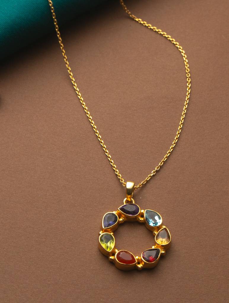 925 Sterling Silver Gold Plated Chakra Pendant With Chain For Women || Gemstone Pendant | Handmade Jewelry | Elega : FU-086G-C