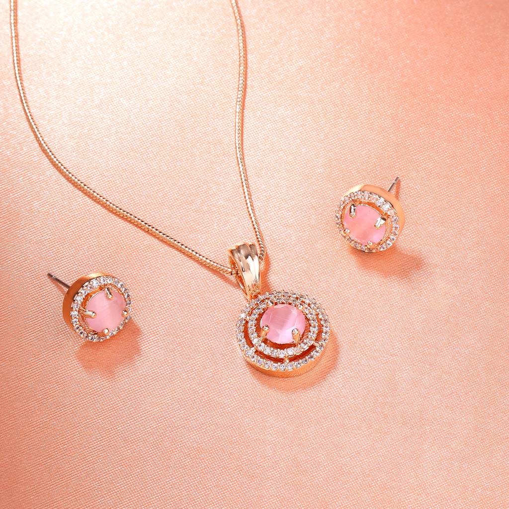Estele Rosegold Plated Cz Circular Designer Pendant Set With Mint Pink Stones For Women : AD-755-RGMPPDER
