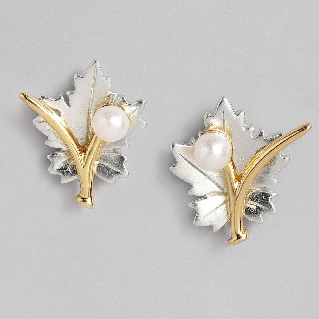 Estele Gold & Rhodium Plated Maple Leaf Designer Necklace Set With Pearl For Women : 7730ZNKER