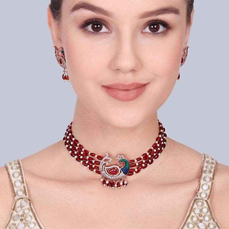 Traditional Peacock Design Cz Stone Beaded Choker Set : AD-935-RGRBNKER