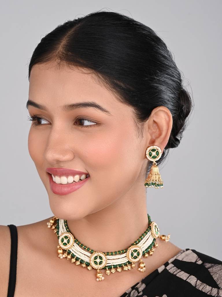 Gold Plated,Beads & Brass Necklace & Earring Set : S24AJNKS359GRN