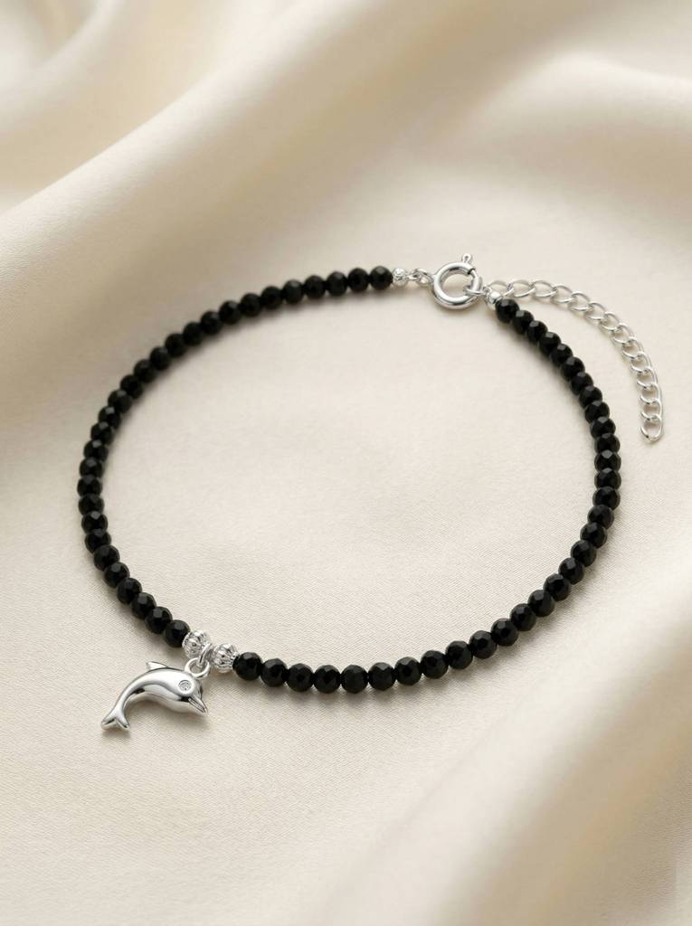 925 Silver Black Crystal Bead Nazaria Anklet With Fish Charm | Single Piece : IS-AK-PL-1034