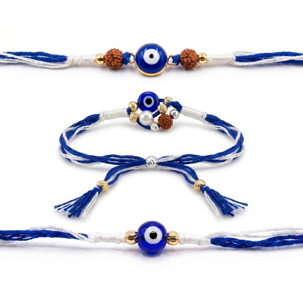 Evil Eye Rakhi Combo For Brother | Set Of 3 Handmade Evil Eye, Rudraksha & Nazar Protection Rakhis | Raks : RAKHI_SET_22_23_24