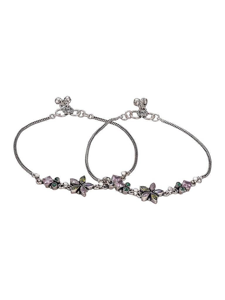 Silver Toned Green Crystal Floral Charm Elegant Payal Anklet : SJPL2875