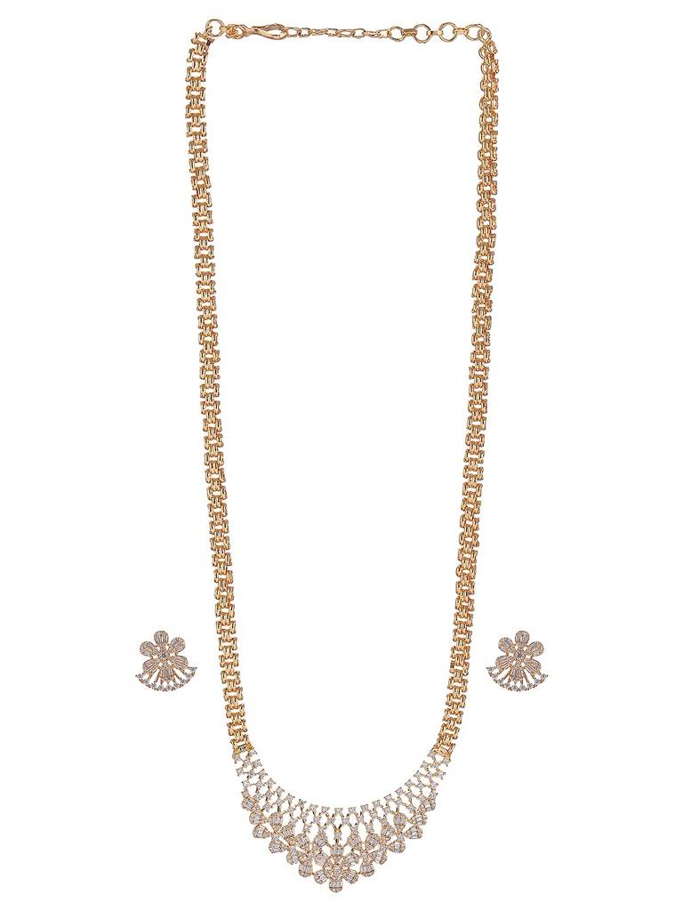 Gold Plated White Ad Zircon Studded Long Haram Chain Jewellery Set : SJNK2894