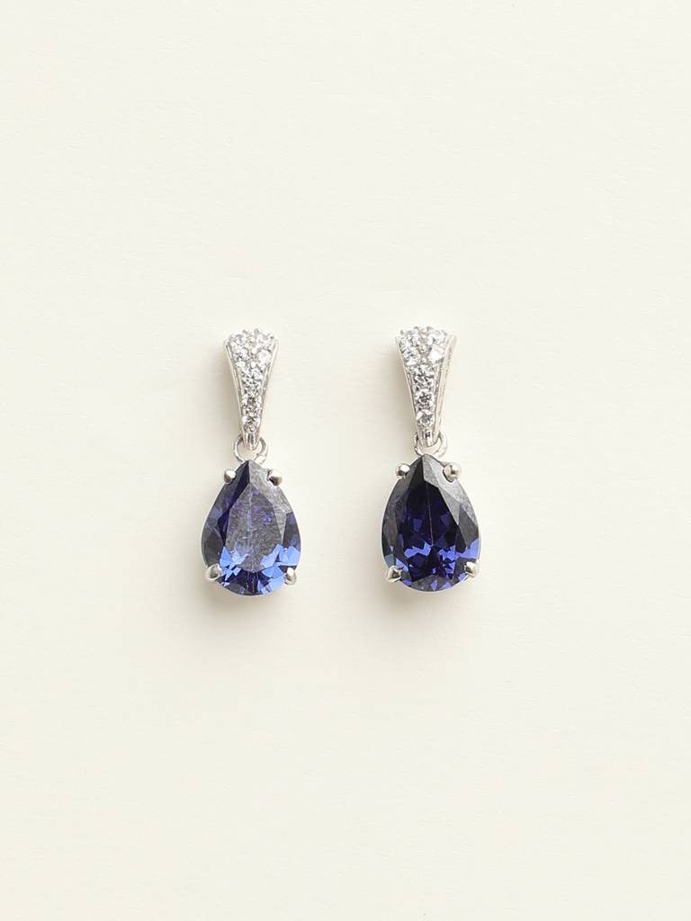 92.5 Sterling Silver Rhodium Plated Swiss Zirconia Royal Blue Tear Drop Earrings With Screw Back Gift For Women : CSCLRE4PR_BS