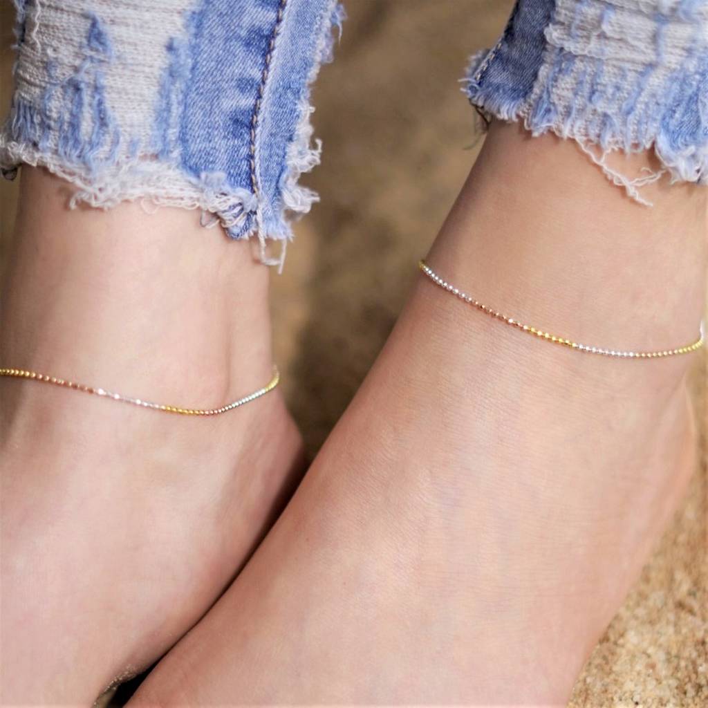 Elegant Triple Tone 925 Sterling Silver Beaded Chain Anklet : ANK-60164-PAIR
