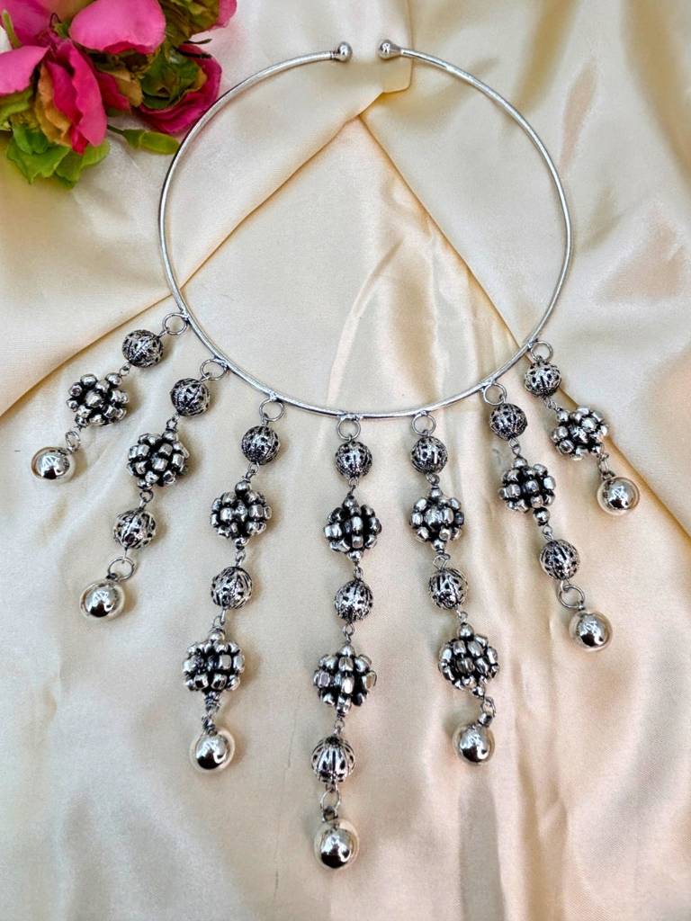 Antique Oxidised Engraved Bead Statement Boho Hasli Choker Necklace : VI26NK0103