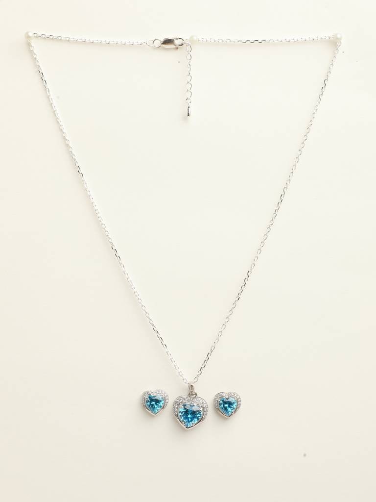 92.5 Sterling Silver Rhodium Plated Swiss Zirconia Sky Blue Heart Pendant Earring Chain Jewellery Set Gift Fo : CSCLRP1E1HT_BT