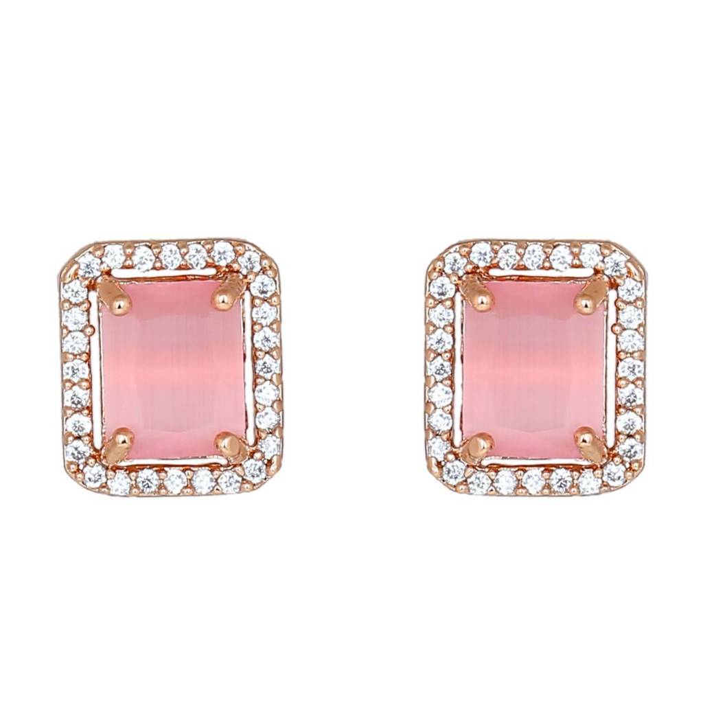 Estele Rose Gold Plated Cz Square Designer Stud Earrings With Mint Pink Stones For Women
