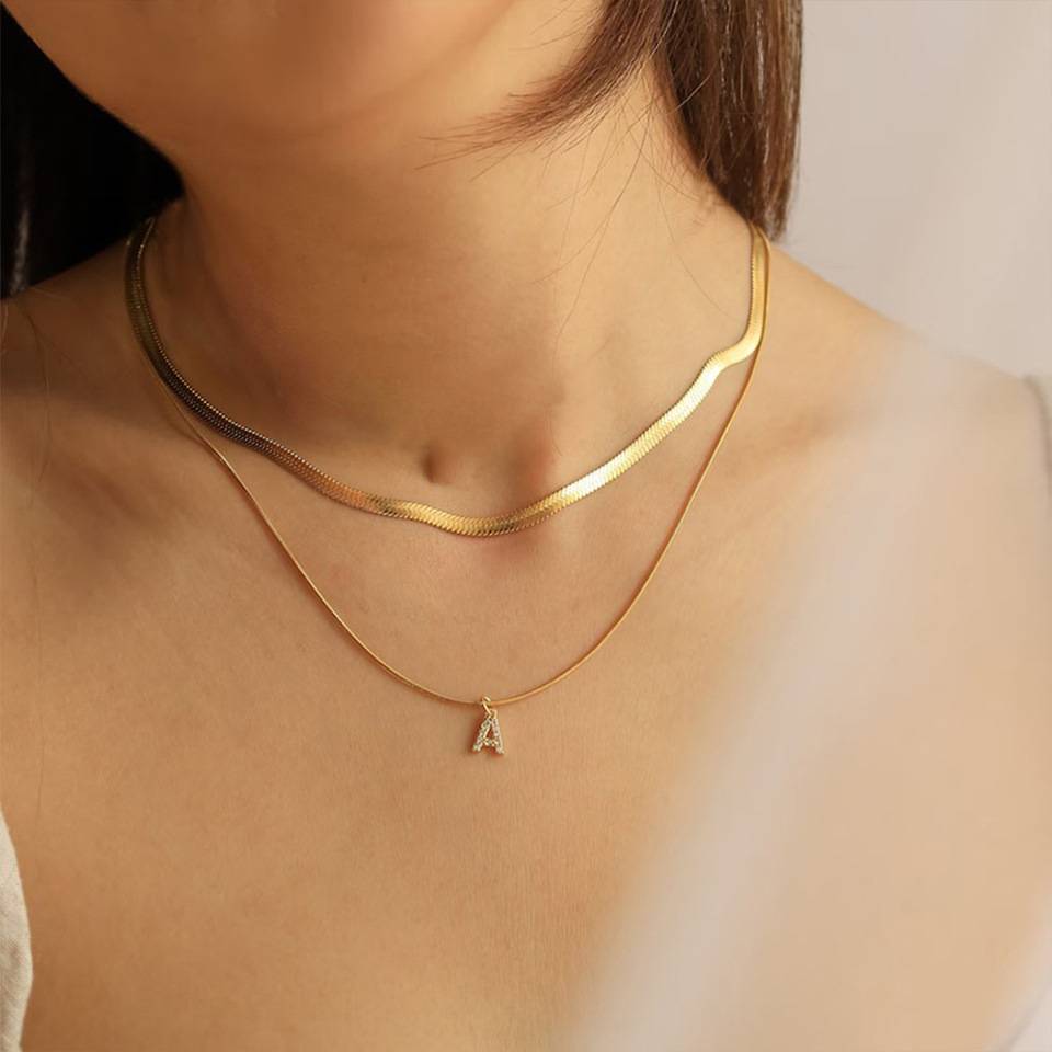 18K Gold Plated Anti-Tarnish Initial Letter Zircon Pendant Layered Necklace : ATO0624NK400GA