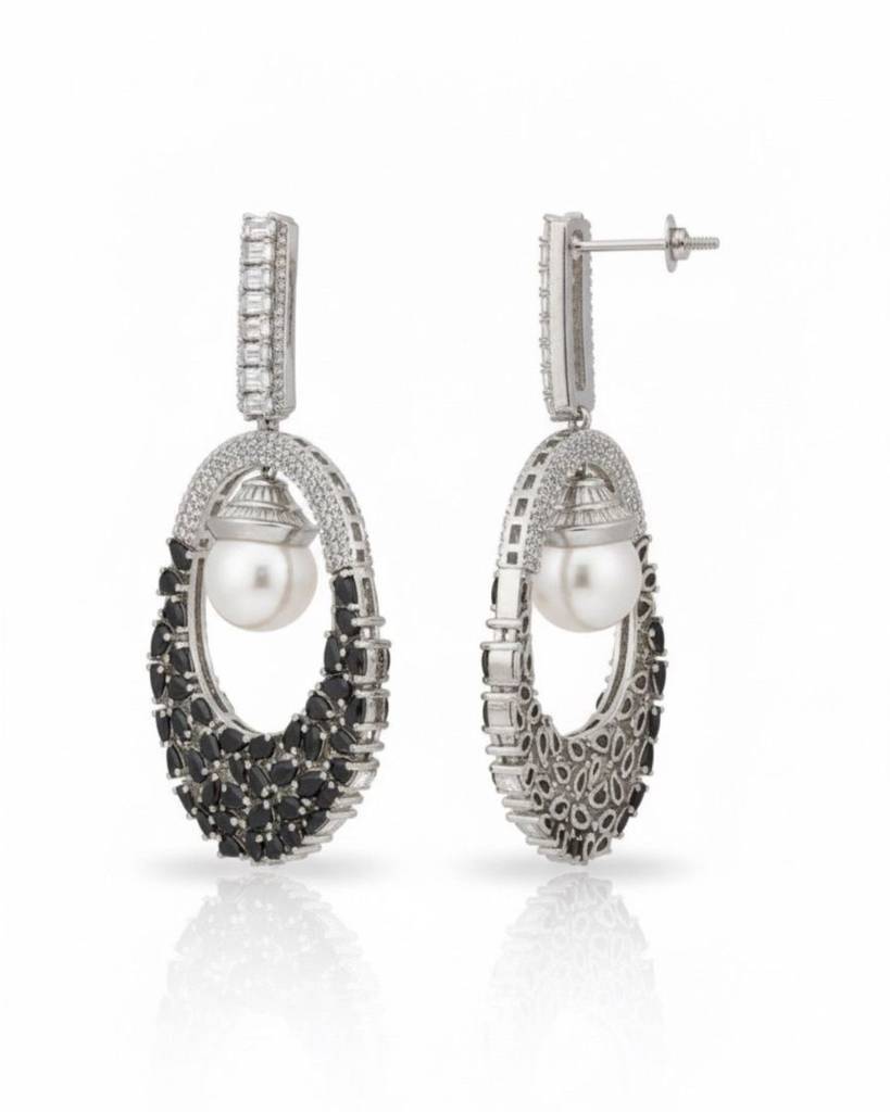 Noir Pearl Halo Earrings (Rhodium Finish) : sis40