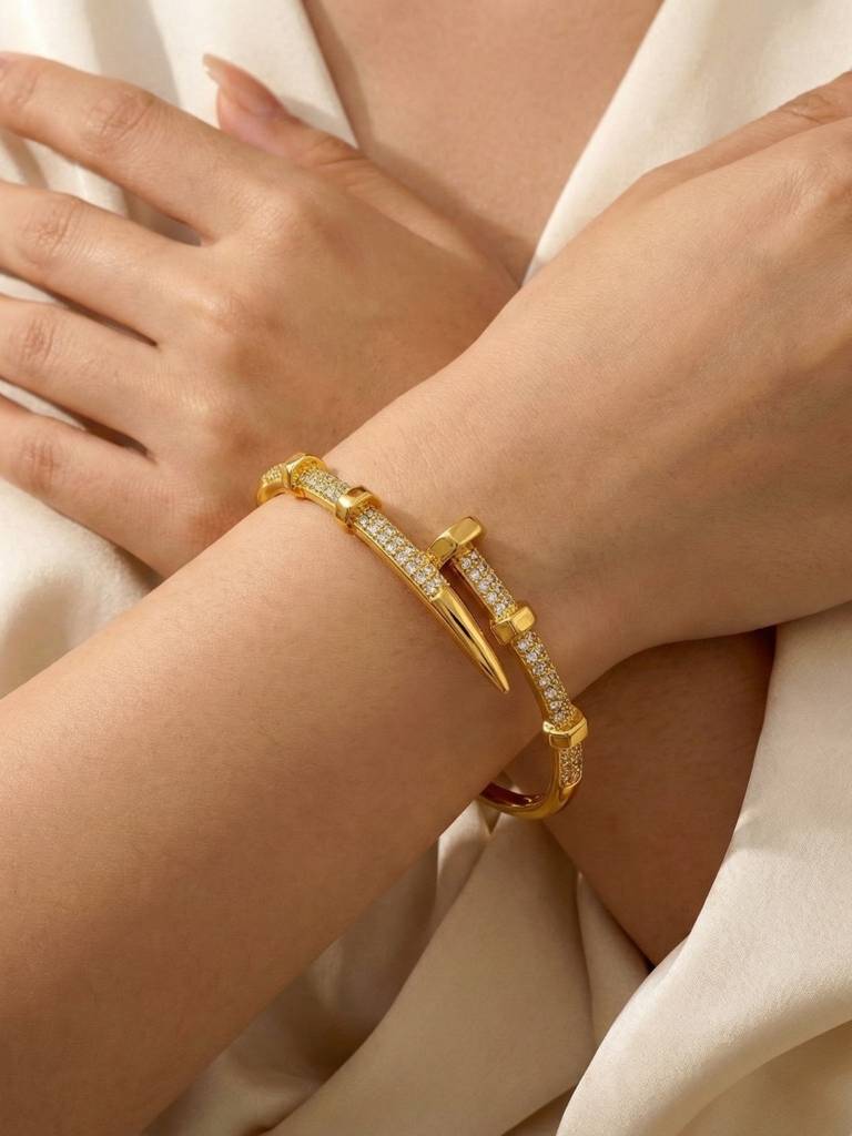 Screw Nail Cuff Bracelet – 18K Gold Plated Cz Stainless Steel : ATB791SNC