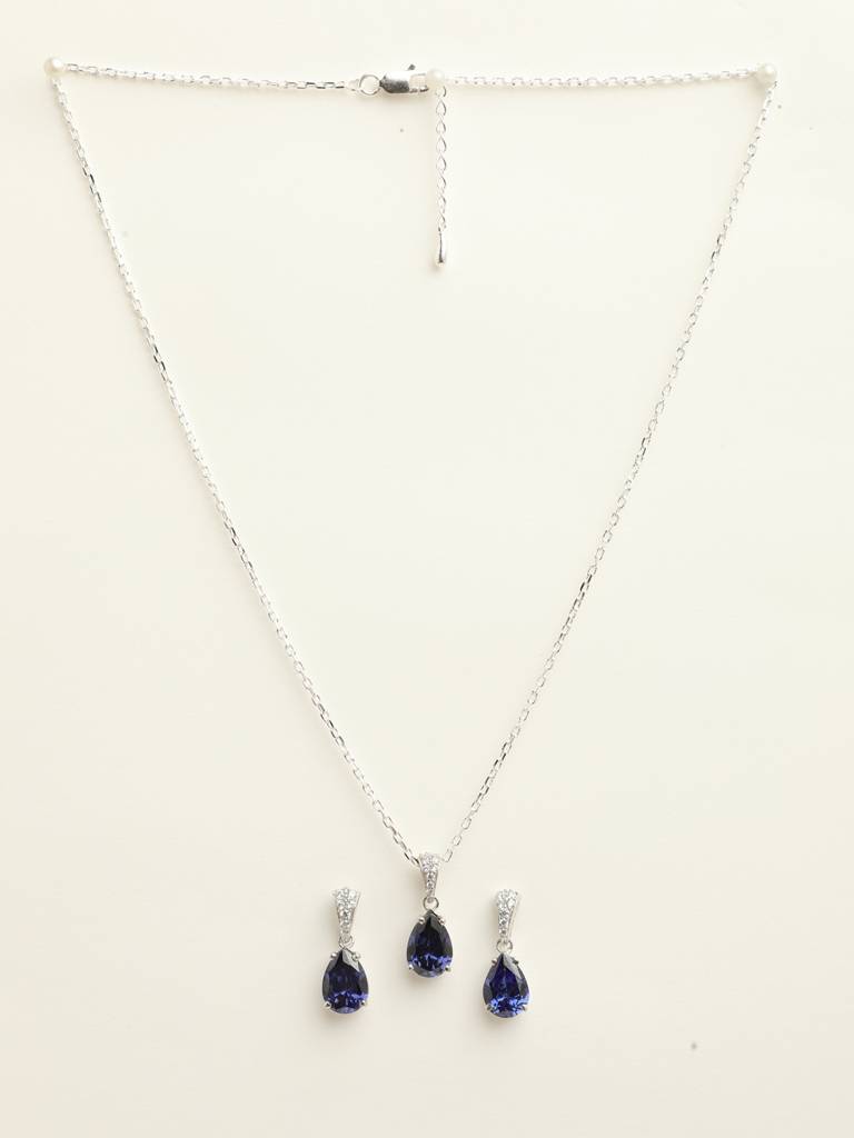92.5 Sterling Silver Rhodium Plated Swiss Zirconia Royal Blue Tear Drop Pendant Earring Chain Jewellery Set G : CSCLRP4E4PR_BS
