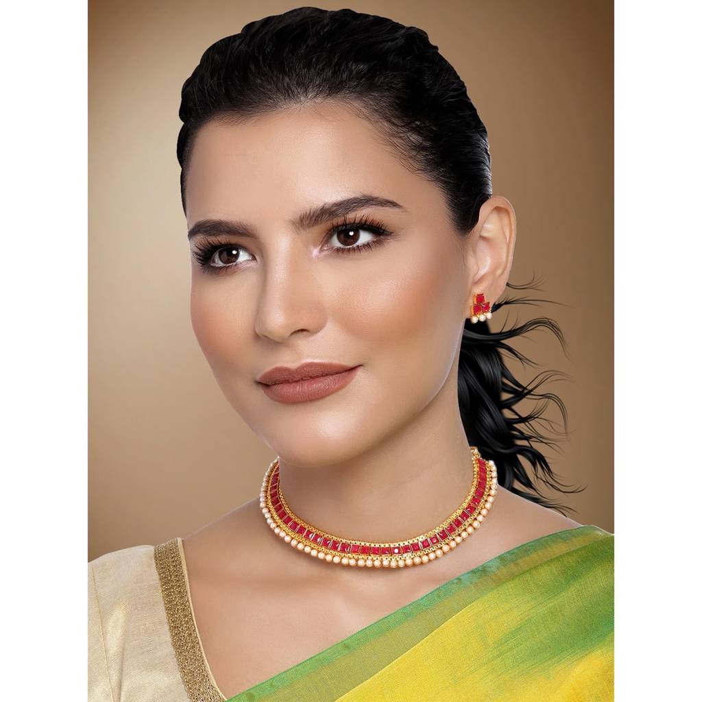 Peora Traditional Gold Plated Choker Necklace & Stud Earrings Jewellery Set For Women Girls : PF04N3391R