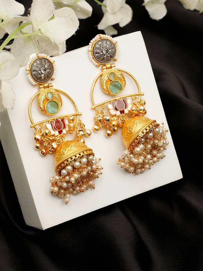 Gold-Plated Artificial Stones Studded And Beaded Dome Shaped Jhumkas : VI24EROX100034