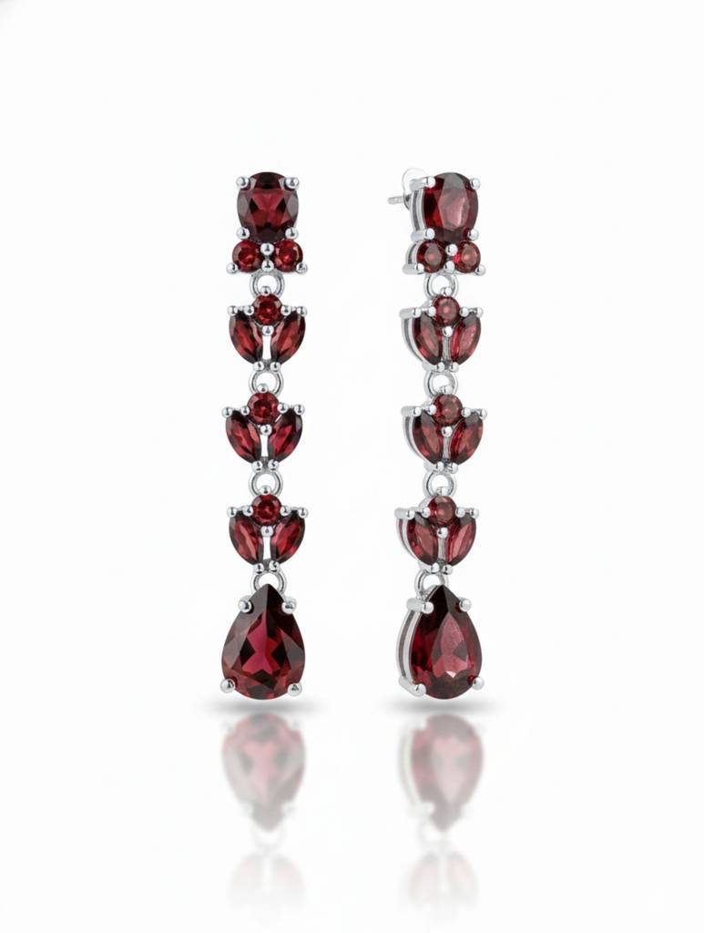 Kicky & Perky Natural Garnet Tiered Drop Earrings In .925 Sterling Silver | Floral Marquise & Pear-Cut Dangles : VSILSME006