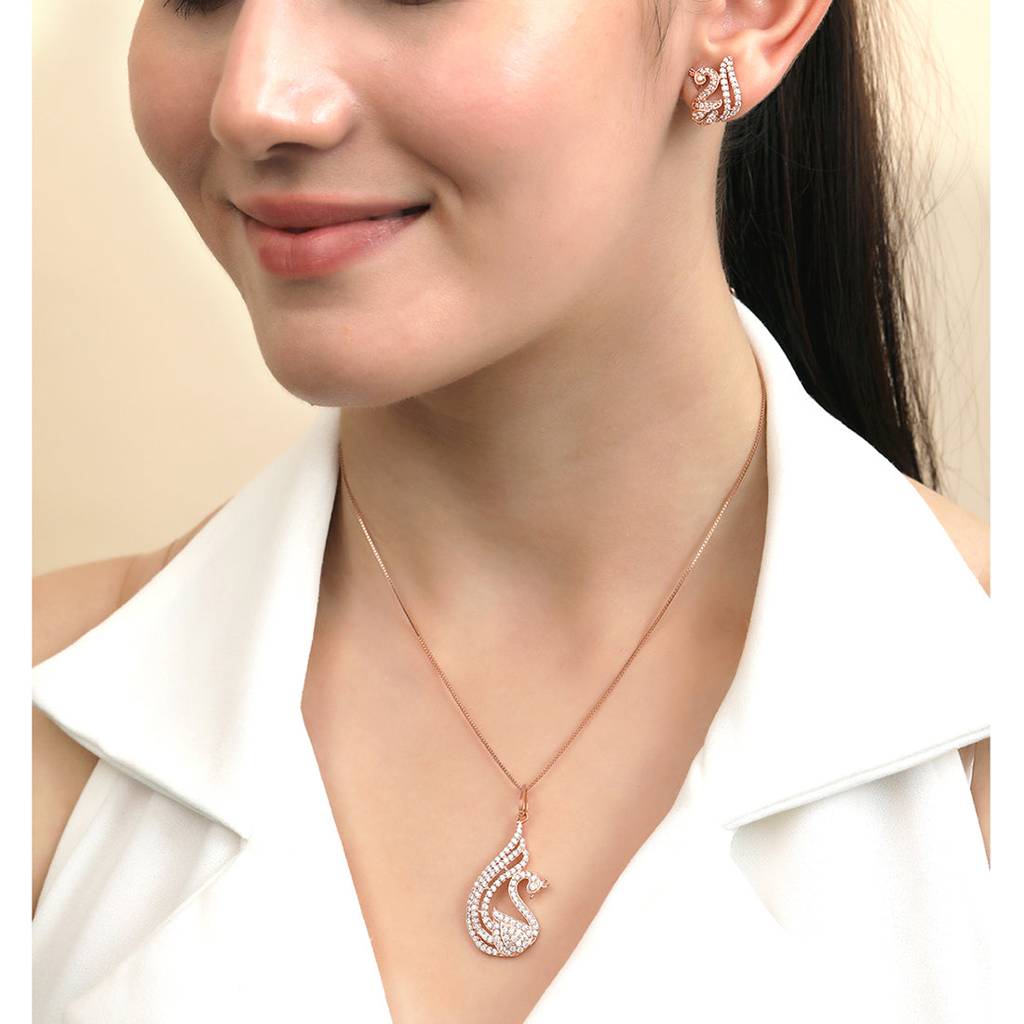 Graceful Swan Rose Gold Plated 925 Sterling Silver Jewelry Set : JS-70198-C-RG