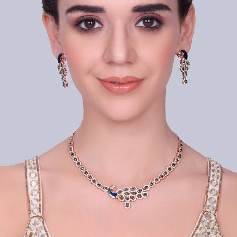 Peacock Accent Cz Sparkle Necklace Set | Rose Gold Plated | Party & Festive Glam : AD-918-RGGNNKER