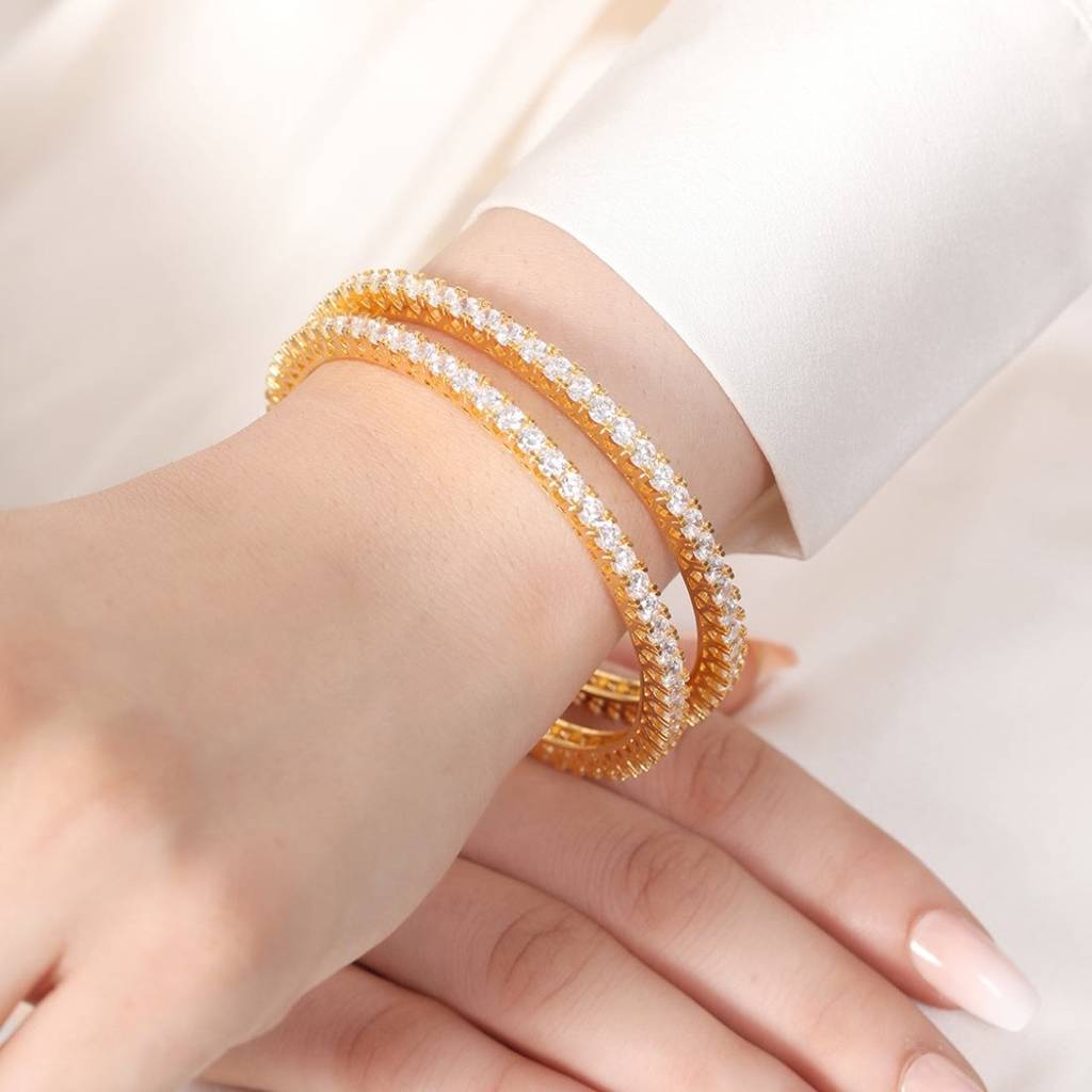 Gleaming Beauty Gold-Plated Bangle With White Cubic Zirconia : BA-90008-PAIR-2-4