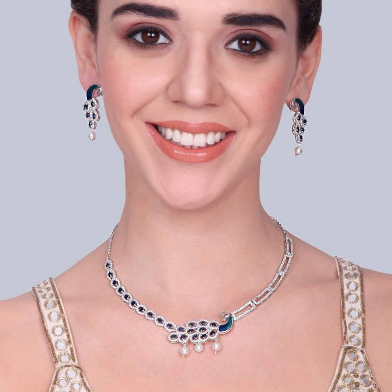 Designer Finish Cz Necklace & Earrings Set | Peacock-Inspired Motif | Occasion Wear : AD-917-IRBLNKER