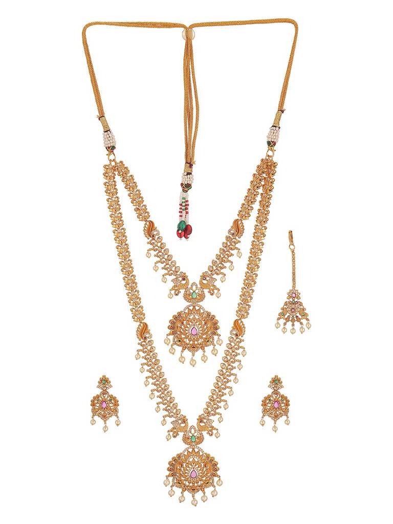 Combo Gold Plated Ad & Pearl Studded Temple Peacock  Bridal  Jewellery Set : SJNK2973